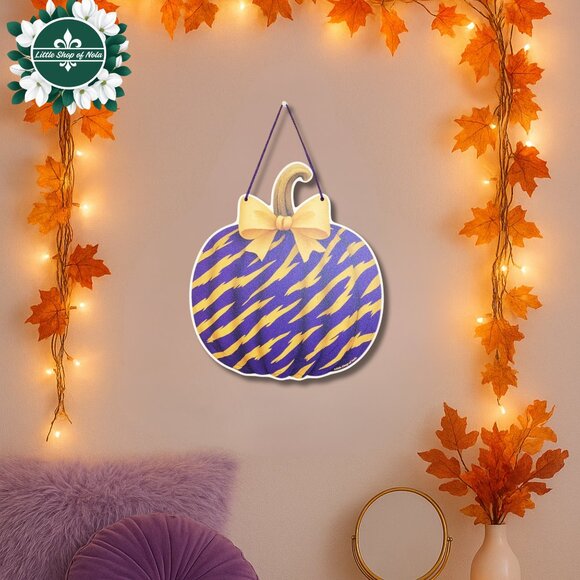 NEW Purple Gold Tiger Stripes Pumpkin Louisiana Wall Sign LSU Fall Door Hanger - Picture 9 of 16